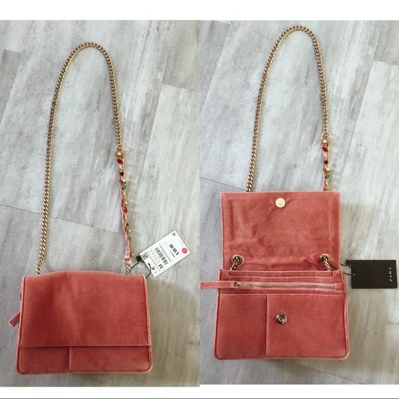 Zara Handbags - Zara embellished crossbody bag, velvet gold chain